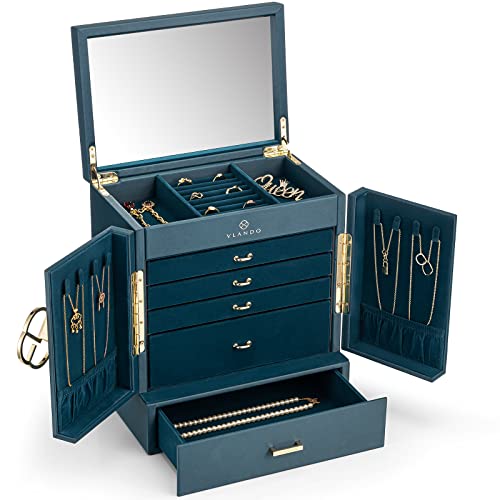 Vlando Schmuckkasten Groß, Vintage Schmuckkästchen 6 Ebenen, Schmuck Organizers Groß XXL mit Spiegel, Schubladen, Schmuckaufbewahrung Damen, Schmuckschatulle für Ohrring, Ketten, Uhren von Vlando