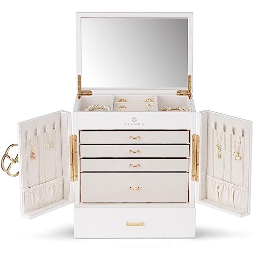 Vlando Schmuckkasten Groß, Französisches Schmuckkästchen 6 Ebenen, Schmuck Organizers Groß XXL mit Spiegel, Schubladen, Schmuckaufbewahrung Damen, Schmuckschatulle für Ohrring, Ketten, Uhren von Vlando