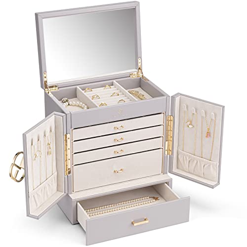 Vlando Schmuckkasten Groß, Französisches Schmuckkästchen 6 Ebenen, Schmuck Organizers Groß XXL mit Spiegel, Schubladen, Schmuckaufbewahrung Damen, Schmuckschatulle für Ohrring, Ketten, Uhren von Vlando