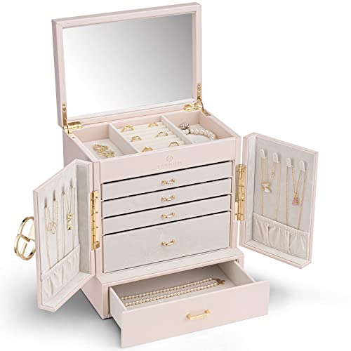 Vlando Schmuckkasten Groß, Französisches Schmuckkästchen 6 Ebenen, Schmuck Organizers Groß XXL mit Spiegel, Schubladen, Schmuckaufbewahrung Damen, Schmuckschatulle für Ohrring, Ketten, Uhren von Vlando
