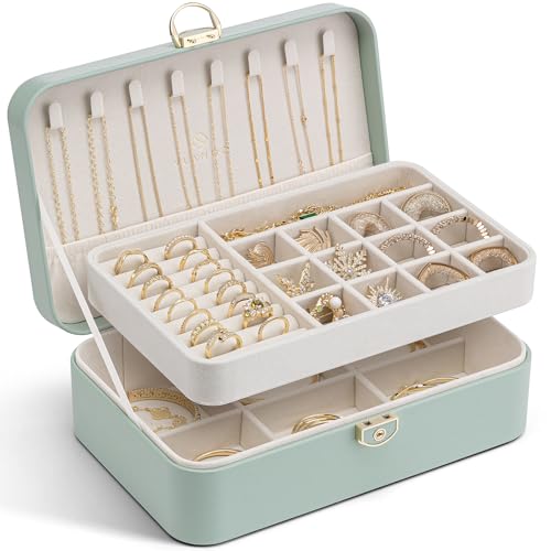 Vlando Schmuckkästchen Mädchen Damen, Doppelschicht Schmuckkasten, Abschließbare Schmuckschatulle, Schmuckaufbewahrung Box für Ringe Ohrringe Armbänder Halsketten, Schmuckkoffer, Hellgrün von Vlando