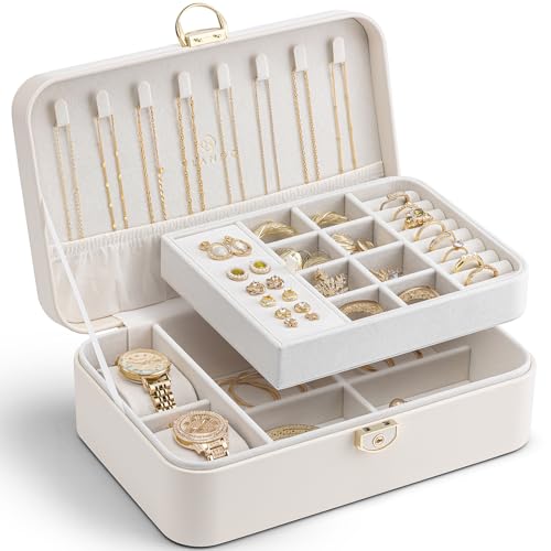 Vlando Schmuckkästchen Mädchen Damen, Doppelschicht Schmuckschatulle mit 2 Uhrenkissen, Abschließbare Schmuckaufbewahrung, Schmuckkasten Box für Ringe Ohrringe Armbänder Halsketten, Beige von Vlando