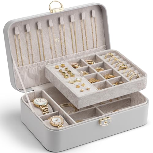 Vlando Schmuckkästchen Mädchen Damen, Doppelschicht Schmuckschatulle mit 2 Uhrenkissen, Abschließbare Schmuckaufbewahrung, Schmuckkasten Box für Ringe Ohrringe Armbänder Halsketten, Grau Vlando Schmuckkästchen Mädchen Damen, Doppelschicht Schmuckschatulle mit 2 Uhrenkissen, Abschließbare Schmuckaufbewahrung, Schmuckkasten Box für Ringe Ohrringe Armbänder Halsketten, Grau von Vlando