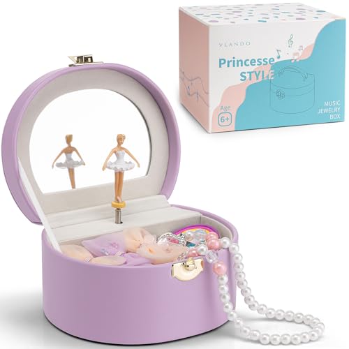 Vlando Schmuckkästchen Mädchen mit Spieluhr, Schmuckkasten Kinder mit Drehendem Ballerina & Spiegel, Spielzeug Geschenk 4 5 Jahre Mädchen, Schmuckschatulle mädchen aus Leder mit DIY Aufkleber von Vlando