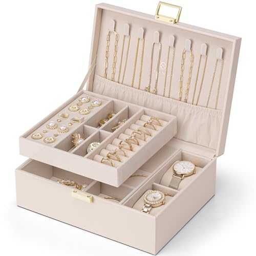 Vlando Schmuckkästchen für Damen Mädchen, 2 Ebenen Schmuckaufbewahrung PU-Leder, Schmuckkasten, Schmuck Organizer Damen, Schmuckschatulle, Uhren Aufbewahrung, für Ringe Ohrringe Halsketten, Beigerosa Vlando Schmuckkästchen für Damen Mädchen, 2 Ebenen Schmuckaufbewahrung PU-Leder, Schmuckkasten, Schmuck Organizer Damen, Schmuckschatulle, Uhren Aufbewahrung, für Ringe Ohrringe Halsketten, Beigerosa von Vlando