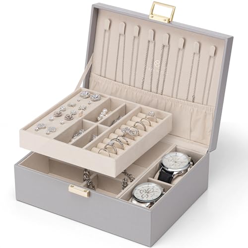 Vlando Schmuckkästchen für Damen Mädchen, 2 Ebenen Schmuckaufbewahrung PU-Leder, Schmuckkasten, Schmuck Organizer Damen, Schmuckschatulle, Uhren Aufbewahrung, für Ringe Ohrringe Halsketten, Grau Vlando Schmuckkästchen für Damen Mädchen, 2 Ebenen Schmuckaufbewahrung PU-Leder, Schmuckkasten, Schmuck Organizer Damen, Schmuckschatulle, Uhren Aufbewahrung, für Ringe Ohrringe Halsketten, Grau von Vlando