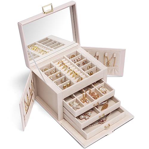 Vlando Schmuckkasten Schmuckbox mit 4 Ebenen, Schmuckschatulle PU Leder, Schmuckbox mit Spiegel und Schubladen, Schmuck Organizers, Innenfutter aus Samt, Beige von Vlando