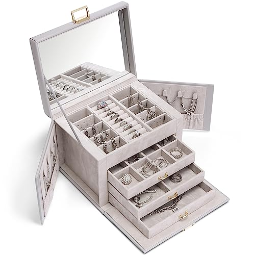 Vlando Schmuckkasten Schmuckbox mit 4 Ebenen, Schmuckschatulle PU Leder, Schmuckbox mit Spiegel und Schubladen, Schmuck Organizers, Innenfutter aus Samt, Grau von Vlando