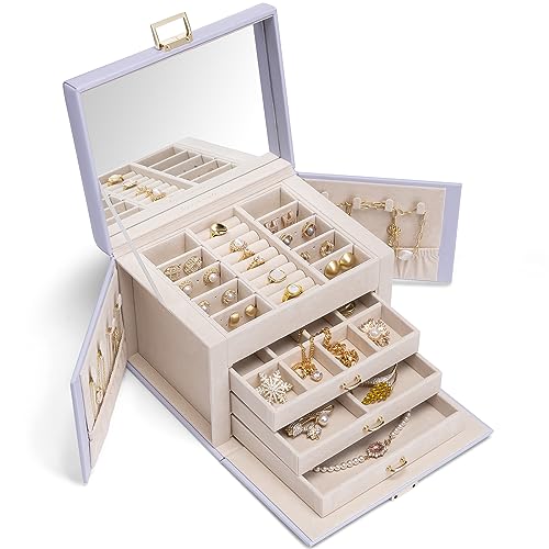 Vlando Schmuckkasten Schmuckaufbewahrung mit 4 Ebenen, Schmuckschatulle PU Leder, Schmuckbox mit Spiegel und Schubladen, Schmuck Organizers, Innenfutter aus Samt, Lila von Vlando