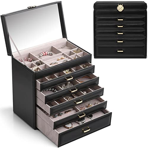 Vlando Schmuckkasten Schmuckschatulle Schmuckkästchen-Groß Schmuckbox-Damen, mit 6 Ebenen Schubladen aus Faux Leder für Schmuck Organizers Schwarz von Vlando