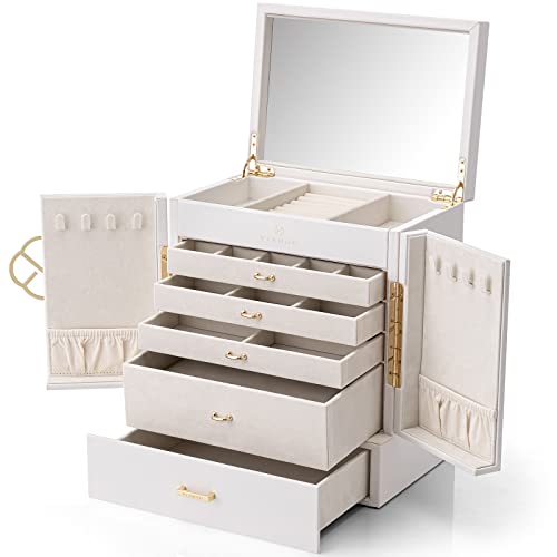 Vlando Große Schmuckschatulle, 5-lagiger Schmuck-Organizer mit abnehmbarem Schmucktablett für Halskette, Ohrringe, Ringe, Armbänder, Schmuckaufbewahrungsvitrine für Frauen Geschenk, Weiß von Vlando