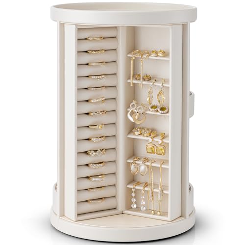 Vlando Schmuckschatulle, um 360 ° drehbar, geräumiger, vertikaler Schmuck-Organizer mit 6 Halskettenhaken, offene Schmuckaufbewahrung für Ohrringe, Armbänder, Ringe, Geschenk für Frauen, Cremeweiß Vlando Schmuckschatulle, um 360 ° drehbar, geräumiger, vertikaler Schmuck-Organizer mit 6 Halskettenhaken, offene Schmuckaufbewahrung für Ohrringe, Armbänder, Ringe, Geschenk für Frauen, Cremeweiß von Vlando