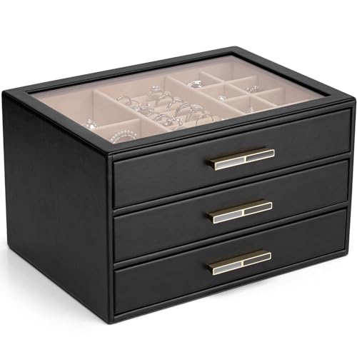 Vlando Schmuckschatulle für Damen, Glasdeckel, Schmuck-Organizer mit 3 Schubladen für Halsketten, Ringe, Ohrringe, Armbänder, Schwarz Vlando Schmuckschatulle für Damen, Glasdeckel, Schmuck-Organizer mit 3 Schubladen für Halsketten, Ringe, Ohrringe, Armbänder, Schwarz von Vlando