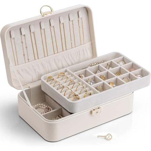 Vlando Schmuckschatulle für Damen und Mädchen, 2-lagiges Schmuckkästchen mit Schloss, Schmuckaufbewahrung, Ohrringe, Halskette, Ringe, Geschenk für Lehrer, Hochzeit, Geburtstag, Cremeweiß Vlando Schmuckschatulle für Damen und Mädchen, 2-lagiges Schmuckkästchen mit Schloss, Schmuckaufbewahrung, Ohrringe, Halskette, Ringe, Geschenk für Lehrer, Hochzeit, Geburtstag, Cremeweiß von Vlando