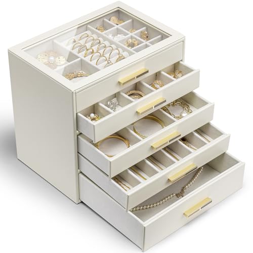 Vlando Schmuckschatulle für Damen und Mädchen, Schmuck-Organizer, 4 Schubladen, Glasdeckel, Schmuck-Organizer, Aufbewahrung für Edelsteine, Diamanten, Halsketten, Ringe, Ohrringe, Armbänder, Weiß Vlando Schmuckschatulle für Damen und Mädchen, Schmuck-Organizer, 4 Schubladen, Glasdeckel, Schmuck-Organizer, Aufbewahrung für Edelsteine, Diamanten, Halsketten, Ringe, Ohrringe, Armbänder, Weiß von Vlando