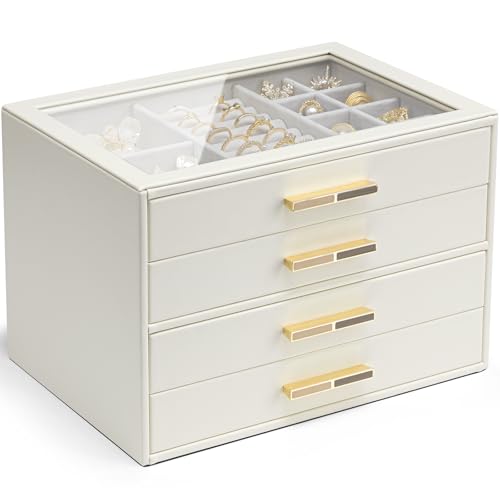 Vlando Schmuckschatulle mit 4 Schichten für Damen, Glasdeckel, Schmuck-Organizer mit 4 Schubladen für Halsketten, Ringe, Ohrringe, Armbänder, Wolkenweiß Vlando Schmuckschatulle mit 4 Schichten für Damen, Glasdeckel, Schmuck-Organizer mit 4 Schubladen für Halsketten, Ringe, Ohrringe, Armbänder, Wolkenweiß von Vlando