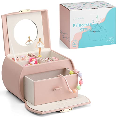 Vlando Spieluhr Ballerina Schmuckkästchen, Abschließbares Schmuckschatulle Mädchen PU Leder mit Schubladen, Schmuckkästchen Kinder, Schmuckbox mit Kanon Melodie, Kindertag Geschenke für Mädchen von Vlando