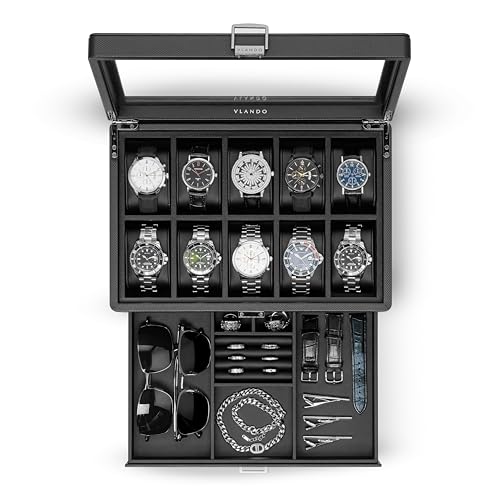 Vlando Uhrenbox mit 10 Fächern, 2-stöckige Uhrenvitrine mit Glasdeckel, abnehmbare Uhrenkissen, Herren-Schmuckschatulle, Geschenk für geliebte Menschen Vlando Uhrenbox mit 10 Fächern, 2-stöckige Uhrenvitrine mit Glasdeckel, abnehmbare Uhrenkissen, Herren-Schmuckschatulle, Geschenk für geliebte Menschen von Vlando