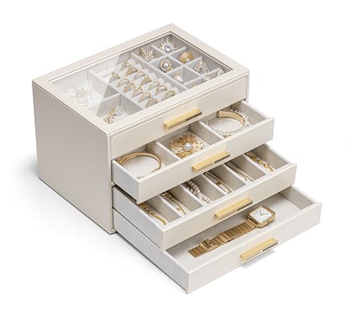 Vlando Weiße Schmuckschatulle mit Glasdeckel, 4-stöckiger Schmuck-Organizer, Schmuckaufbewahrung mit 4 Schubladen für Uhren, Sonnenbrillen, Geschenk für Frauen, für Ring, Halskette, Ohrring, Armband Vlando Weiße Schmuckschatulle mit Glasdeckel, 4-stöckiger Schmuck-Organizer, Schmuckaufbewahrung mit 4 Schubladen für Uhren, Sonnenbrillen, Geschenk für Frauen, für Ring, Halskette, Ohrring, Armband von Vlando