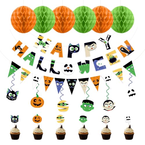 Vlecexs Halloween Dekoration Set Halloween Party Buchstaben Banner Muster Banner 6 Hängende Spirale Deko 24 Kuchenspieße 6 Girlande Bälle Familien Schulen Geschäfte Räume Party Dekoration von Vlecexs