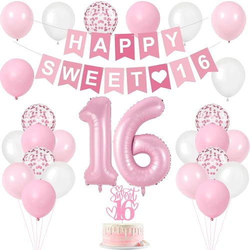 Vlipoeasn 27 Stück Sweet 16 Partydekorationen für Mädchen, Candy Pink 16. Zahlenballons & Glitzerkuchenaufsatz, Happy Sweet 16 Banner, Happy 16th Birthday Partyzubehör von Vlipoeasn