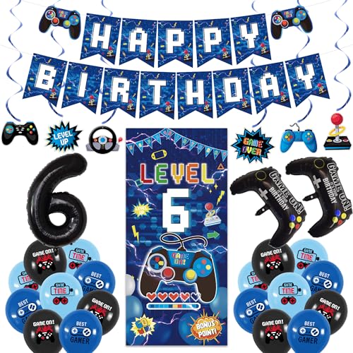 Vlipoeasn Blaue Dekorationen zum 6. Geburtstag für Jungen, Videospiel Level 6 Banner Hintergrund hängende Wirbel für 6. Geburtstag Party, Gamer 6 Jahre alt Party Supplies von Vlipoeasn