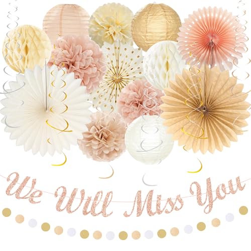 Vlipoeasn Champagner-Gold-Beige Boho We Will Miss You Abschieds-Party-Dekorationen – 21 Stück neutrale Herbst-Retro-Banner, Papierlaternen, Pompons, rustikale Hintergrunddekoration, Kollegen gehen weg von Vlipoeasn