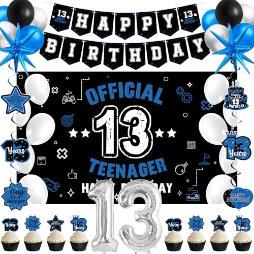 Vlipoeasn Dekorationsset zum 13. Geburtstag für Jungen und Mädchen, 41 Stück, Schwarz / Blau, 13 Jahre alt Geburtstag, Hintergrundbanner, Schwarz / Blau, offizielles Partyzubehör für Teenager Vlipoeasn Dekorationsset zum 13. Geburtstag für Jungen und Mädchen, 41 Stück, Schwarz / Blau, 13 Jahre alt Geburtstag, Hintergrundbanner, Schwarz / Blau, offizielles Partyzubehör für Teenager von Vlipoeasn