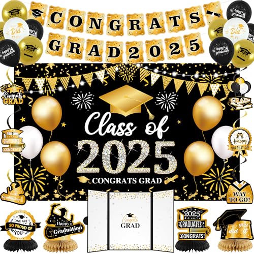 Vlipoeasn Schwarz Gold 2025 Abschlussdekorationen, Klasse 2025 Congrats Grade Hintergrund Banner, Congrats Grade Signature Book, 2025 College/High School Graduation Party Supplies Vlipoeasn Schwarz Gold 2025 Abschlussdekorationen, Klasse 2025 Congrats Grade Hintergrund Banner, Congrats Grade Signature Book, 2025 College/High School Graduation Party Supplies von Vlipoeasn