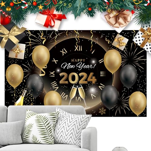 Vllold 2024 Neujahrsdekorationen,Frohes Neues Jahr-Hintergrund in Schwarz und Gold - Wanddekoration „Frohes Neues Jahr“, dekorativ, faltbar, für Weihnachten, Feiertage, Neujahr von Vllold
