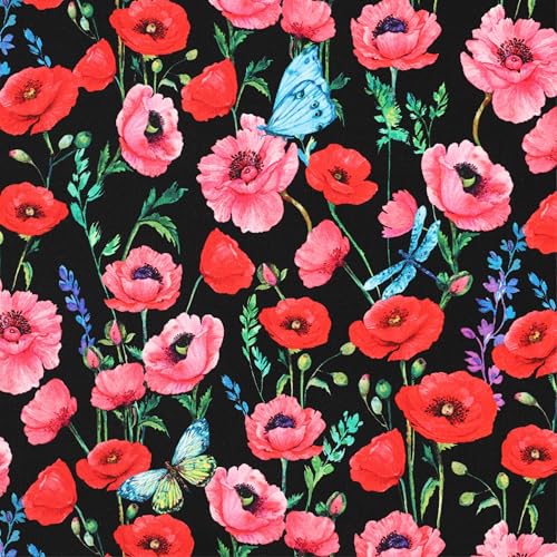 French Terry Meterware Sweatstoff Designs Sommersweat zum Nähen Kinderstoff Babystoff für Kinder Jungen Mädchen Kleidung Pullover (Mohnblumen F011) von VmG-Store