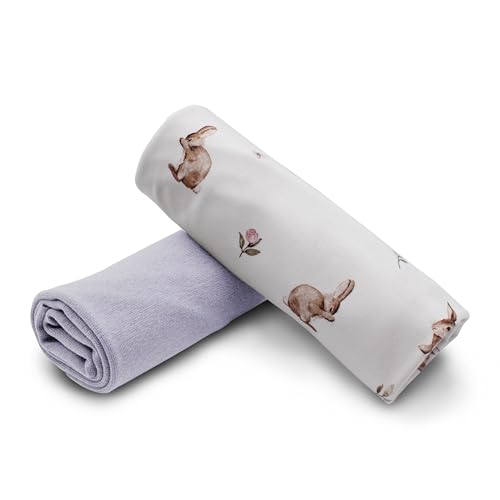 Stoffpaket 0,5m Jersey + 0,5m Bündchenstoff zum Nähen von Kinderkleidung Kinderstoff Jerseystoff (Hase mit Blumen Digital + Hell Lavendel Set33) von VmG-Store