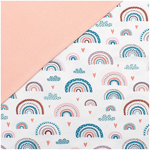 Stoffpaket 0,5m Jersey + 0,5m Bündchenstoff zum Nähen von Kinderkleidung Kinderstoff Jerseystoff (Pastell Regenbögen Weiß + Weiches Pink (Set24)) von VmG-Store