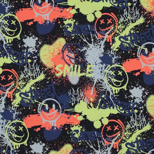 VmG-Store 1m Jerseystoff zum Nähen Baumwolljersey Nähstoff KEINE Meterware Kinderstoff (Graffiti Neon Indigo Melange JB039) von VmG-Store