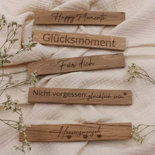 VmG-Store 5 Stück Holzleisten Eiche je 22x8x160mm mit Sprüchen lose Bastelklötzchen mit Text zum Basteln Klötzchen mit Gravur Bastelstäbe zum Heimwerken (01 Allgemein) von VmG-Store
