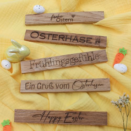VmG-Store 5 Stück Holzleisten Eiche je 22x8x160mm mit Sprüchen lose Bastelklötzchen mit Text zum Basteln Klötzchen mit Gravur Bastelstäbe zum Heimwerken (05 Ostern) von VmG-Store