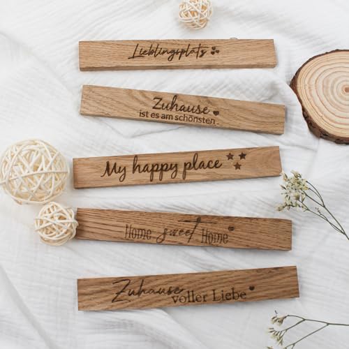 VmG-Store 5 Stück Holzleisten Eiche je 22x8x160mm mit Sprüchen lose Bastelklötzchen mit Text zum Basteln Klötzchen mit Gravur Bastelstäbe zum Heimwerken (07 Zuhause) von VmG-Store