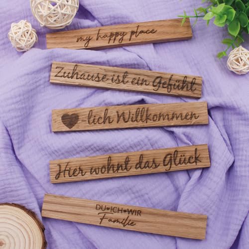 VmG-Store 5 Stück Holzleisten Eiche je 22x8x160mm mit Sprüchen lose Bastelklötzchen mit Text zum Basteln Klötzchen mit Gravur Bastelstäbe zum Heimwerken (08 Zuhause 2) von VmG-Store