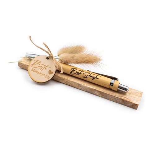 VmG-Store Holz Kugelschreiber als Geschenkidee zum Muttertag Mama Vatertag Geburtstag Papa Oma und Opa Arbeitskollege Freundin Freund (Ohne Wunschname, 05 Beste Schwester) von VmG-Store
