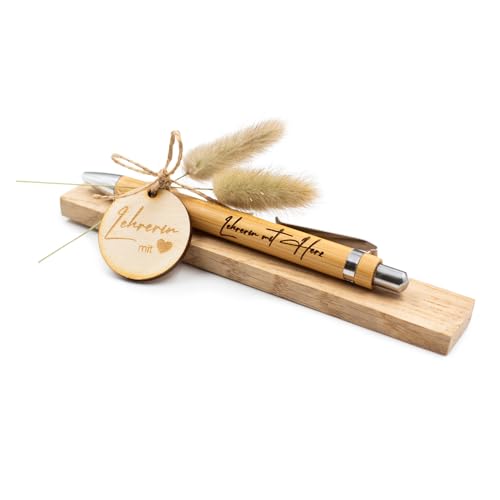 VmG-Store Holz Kugelschreiber als Geschenkidee zum Muttertag Mama Vatertag Geburtstag Papa Oma und Opa Arbeitskollege Freundin Freund (Ohne Wunschname, 13 Lehrerin mit Herz) von VmG-Store