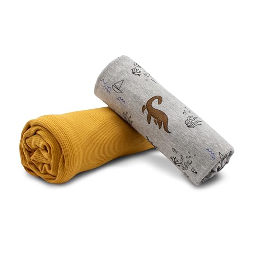 VmG-Store Jerseystoff Set farblich abgestimmt Design + Uni je 0,5mx1,5m 95% Baumwollstoff 5% Elasthan Tex Standard 100 (Wasserdinosaurier Grau Meliert + RIB Ochre Set05) von VmG-Store