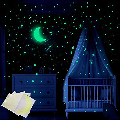 Voarge 339 Stück Wandsticker Leuchtaufkleber, Leuchtpunkte Aufkleber selbstklebend, Fluoreszierende Leuchtsticker für deinen Sternenhimmel, Leuchtende Sterne Kinderzimmer （338 Sterne + 1 Mond） von Voarge