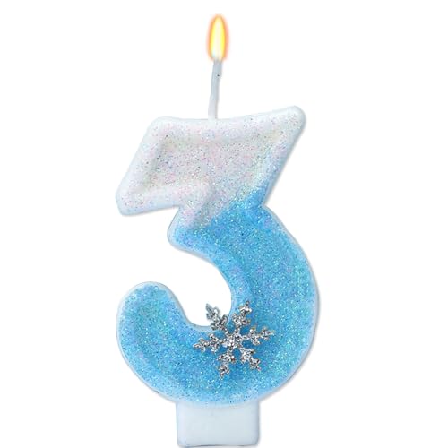 Voarge Geburtstagskerzen Kinder,Glitzernde Zahlenkerze,3D Blue White Geburtstag Kerzen mit Schneeflocke, Geburtstagsdekorationen, Partyzubehör (3) von Voarge