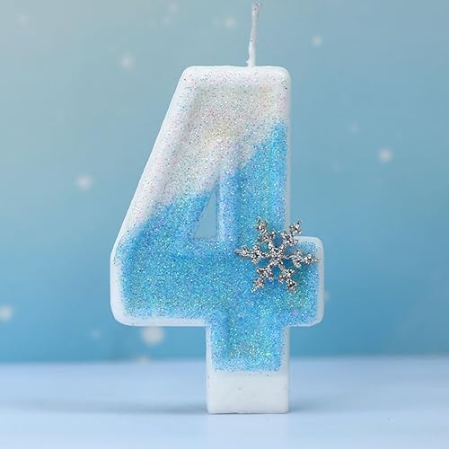 Voarge Geburtstagskerzen Kinder,Glitzernde Zahlenkerze,3D Blue White Geburtstag Kerzen mit Schneeflocke, Geburtstagsdekorationen, Partyzubehör (4) von Voarge