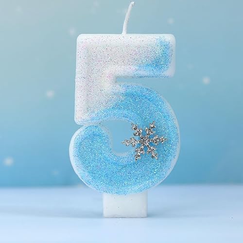 Voarge Geburtstagskerzen Kinder,Glitzernde Zahlenkerze,3D Blue White Geburtstag Kerzen mit Schneeflocke, Geburtstagsdekorationen, Partyzubehör (5) von Voarge