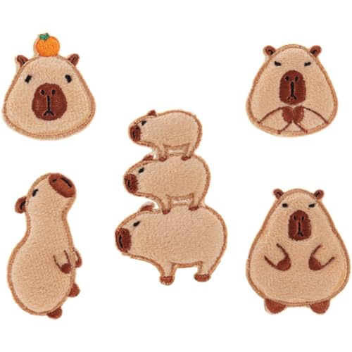 Vobumix Niedliche Capybara-aufnäher Für Bestickte Kleidung, 5 Stück, Cartoon-Tier-aufnäher Zum Aufbügeln, Niedliche Aufnäher Zum Aufnähen Für Jacken, Hüte, Rucksäcke von Vobumix
