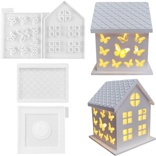 Vocdikficy 1 Set 3D-Haus-Silikonformen für Kunstharzbeton, Schmetterlingshaus, Kerzenhalter-Form, Hausförmige Dekorationsornamente von Vocdikficy