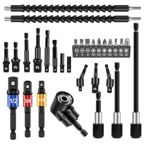 Vocdikficy 30-Teiliges Flexibles Bohrer-Verlängerungsset, für Rechtwinklige Bohreraufsätze, Drehbarer Steckschlüssel-Adapter, Biegsamer Bohrer-Extender von Vocdikficy