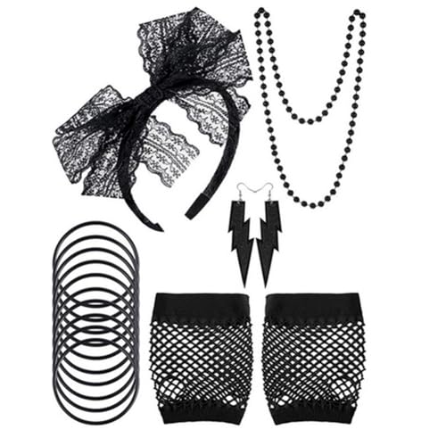 Vocdikficy 80er-Jahre-Kostümzubehör für Damen, Set mit Spitzenstirnband, Ohrringen, Netzhandschuhen, Halskette, Armband von Vocdikficy