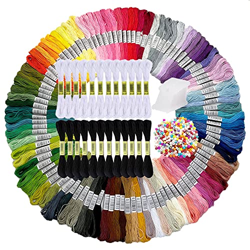 Embroidery Floss Rainbow Color, 100 Skeins Friendship Bracelet String Kit mit 12 weißen und schwarzen Stickgarn, 500 Perlen und 12 Kunststoffspulen für Kreuzstich DIY Armband Garn Kunsthandwerk von Vocmeike